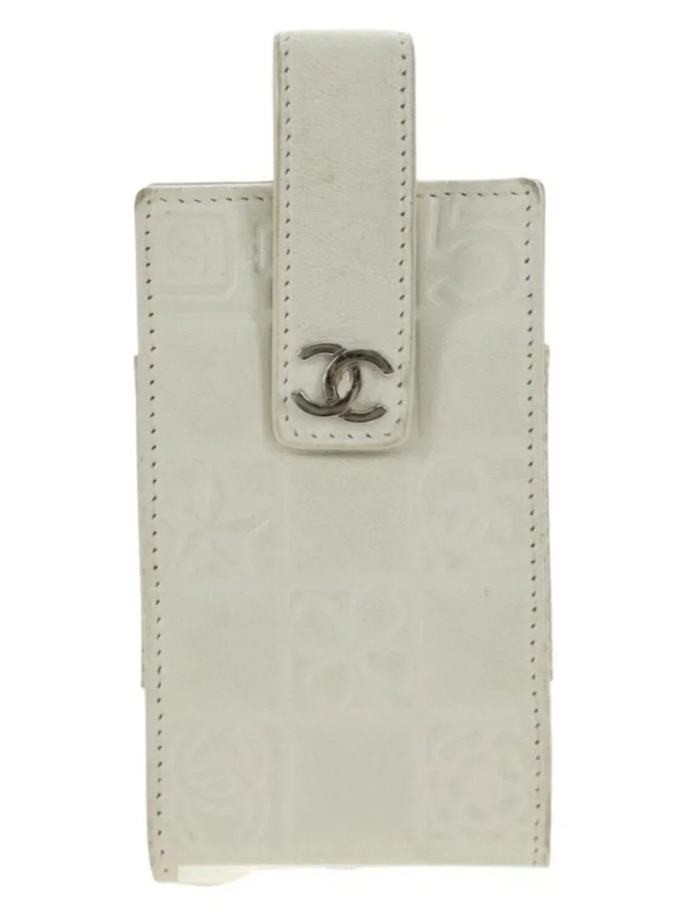 CHANEL icon Chain Shoulder Pouch Lamb Skin White Silver CC Auth 184233A